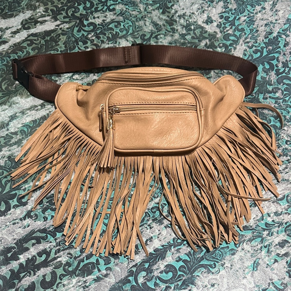 Fringed Tan Leather Waist Bag